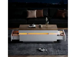 Mesa de centro moderna com acabamento laqueado brilhante - 100 x 50 x 35 cm - com 2 gavetas + LEDs - aglomerado - branco + natural