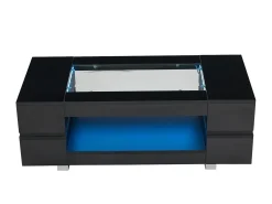 Mesa de centro moderna com LED, tampo de estrutura oca com vidro, superfície lacada a preto