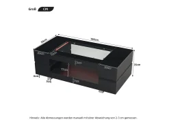 Mesa de centro moderna com LED, tampo de estrutura oca com vidro, superfície lacada a preto
