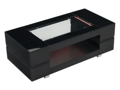 Mesa de centro moderna com LED, tampo de estrutura oca com vidro, superfície lacada a preto
