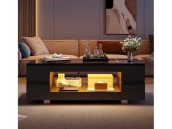 Mesa de centro moderna com LED, tampo de estrutura oca com vidro, superfície lacada a preto