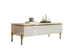 Mesa de centro moderna com acabamento laqueado brilhante - 100 x 50 x 36 cm - com 2 gavetas - em aglomerado - branca