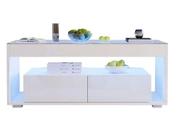 Mesa de centro moderna com LEDs + 2 gavetas - 100 x 50 x 40 cm - mesa de sala de estar em vidro brilhante - aglomerado - branco