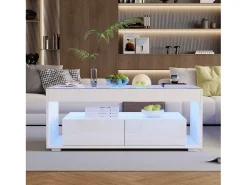 Mesa de centro moderna com LEDs + 2 gavetas - 100 x 50 x 40 cm - mesa de sala de estar em vidro brilhante - aglomerado - branco