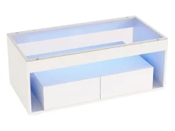 Mesa de centro moderna com LEDs + 2 gavetas - 100 x 50 x 40 cm - mesa de sala de estar em vidro brilhante - aglomerado - branco