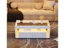 Mesa de centro moderna com LEDs + 2 gavetas - 100 x 50 x 40 cm - mesa de sala de estar em vidro brilhante - aglomerado - branco