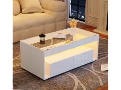 Mesa de centro moderna com LEDs + 2 gavetas - 100 x 50 x 40 cm - mesa de sala de estar em vidro brilhante - aglomerado - branco