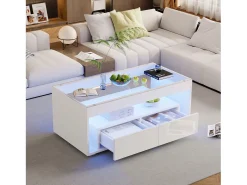 Mesa de centro moderna com LEDs + 2 gavetas - 100 x 50 x 40 cm - mesa de sala de estar em vidro brilhante - aglomerado - branco