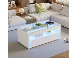 Mesa de centro moderna com LEDs + 2 gavetas - 100 x 50 x 40 cm - mesa de sala de estar em vidro brilhante - aglomerado - branco