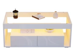 Mesa de centro moderna com LEDs + 2 gavetas - 100 x 50 x 40 cm - mesa de sala de estar em vidro brilhante - aglomerado - branco