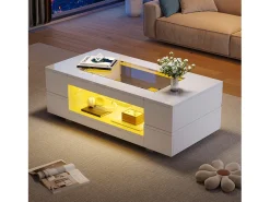 Mesa de centro moderna com LED, tampo de estrutura oca com vidro, superfície lacada a branco