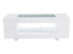 Mesa de centro moderna com LED, tampo de estrutura oca com vidro, superfície lacada a branco