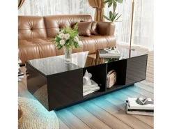 Mesa de centro moderna com 2 portas e 2 compartimentos - 120 x 50 x 38,5 cm - LEDs - Vidro, MDF, aglomerado - Preto brilhante