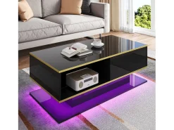 Mesa de centro moderna com acabamento brilhante - 100 x 50 x 40 cm - com 3 gavetas + LEDs + USB - aglomerado - preta
