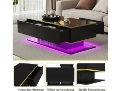 Mesa de centro moderna com acabamento brilhante - 100 x 50 x 40 cm - com 3 gavetas + LEDs + USB - aglomerado - preta