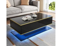 Mesa de centro moderna com acabamento brilhante - 100 x 50 x 40 cm - com 3 gavetas + LEDs + USB - aglomerado - preta