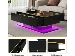 Mesa de centro moderna com acabamento brilhante - 100 x 50 x 40 cm - com 3 gavetas + LEDs + USB - aglomerado - preta
