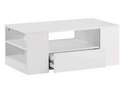 Mesa de centro moderna com 2 gavetas e prateleiras, LED, lacada a branco