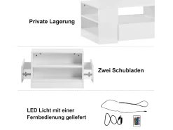 Mesa de centro moderna com 2 gavetas e prateleiras, LED, lacada a branco
