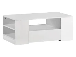 Mesa de centro moderna com 2 gavetas e prateleiras, LED, lacada a branco
