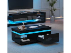 Mesa de centro moderna com 1 porta e 1 compartimento aberto - 100 x 50 x 40,3 cm - LEDs - Aglomerado - Preto brilhante