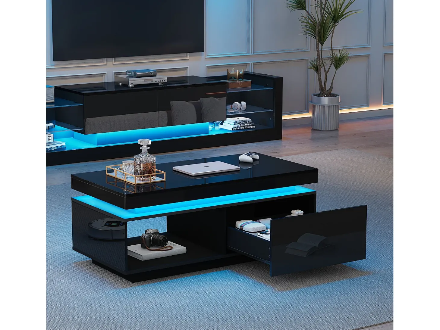 Mesa de centro moderna com 1 porta e 1 compartimento aberto - 100 x 50 x 40,3 cm - LEDs - Aglomerado - Preto brilhante