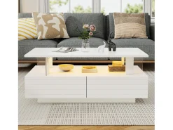 Mesa de centro moderna com 2 gavetas em acrílico branco, estrutura de dois níveis