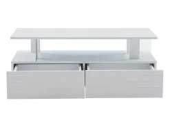 Mesa de centro moderna com 2 gavetas em acrílico branco, estrutura de dois níveis