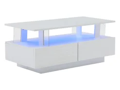 Mesa de centro moderna com 2 gavetas em acrílico branco, estrutura de dois níveis