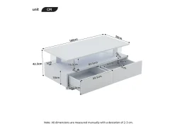 Mesa de centro moderna com 2 gavetas em acrílico branco, estrutura de dois níveis