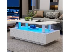 Mesa de centro moderna com 2 gavetas em acrílico branco, estrutura de dois níveis