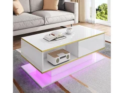 Mesa de centro moderna com acabamento brilhante - 100 x 50 x 40 cm - com 3 gavetas + LEDs + USB - aglomerado - branca