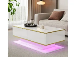 Mesa de centro moderna com acabamento brilhante - 100 x 50 x 40 cm - com 3 gavetas + LEDs + USB - aglomerado - branca