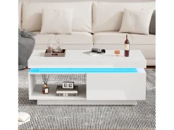 Mesa de centro moderna com 1 porta e 1 compartimento aberto - 100 x 50 x 40,3 cm - LEDs - Aglomerado - Branco brilhante