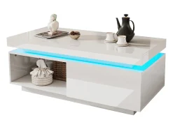 Mesa de centro moderna com 1 porta e 1 compartimento aberto - 100 x 50 x 40,3 cm - LEDs - Aglomerado - Branco brilhante