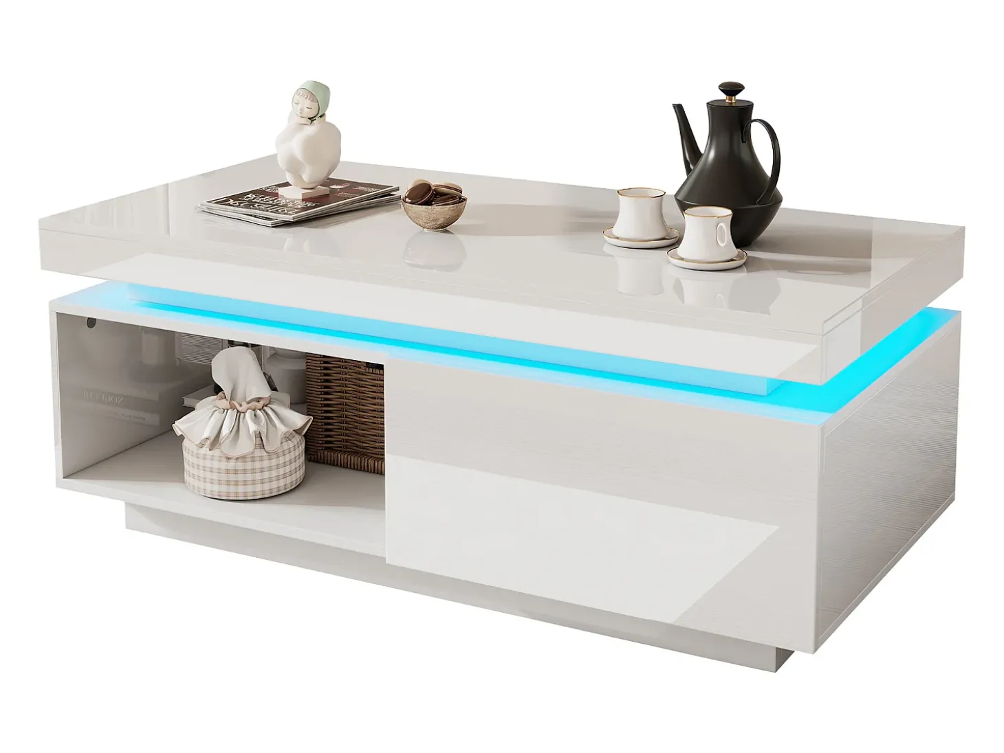 Mesa de centro moderna com 1 porta e 1 compartimento aberto - 100 x 50 x 40,3 cm - LEDs - Aglomerado - Branco brilhante