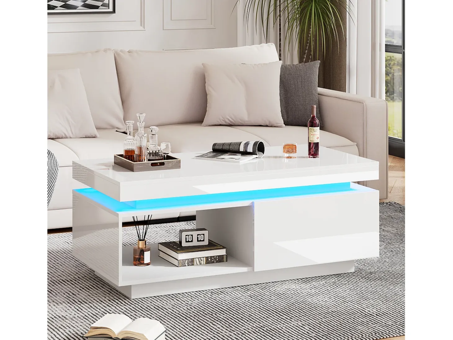 Mesa de centro moderna com 1 porta e 1 compartimento aberto - 100 x 50 x 40,3 cm - LEDs - Aglomerado - Branco brilhante