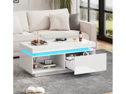 Mesa de centro moderna com 1 porta e 1 compartimento aberto - 100 x 50 x 40,3 cm - LEDs - Aglomerado - Branco brilhante