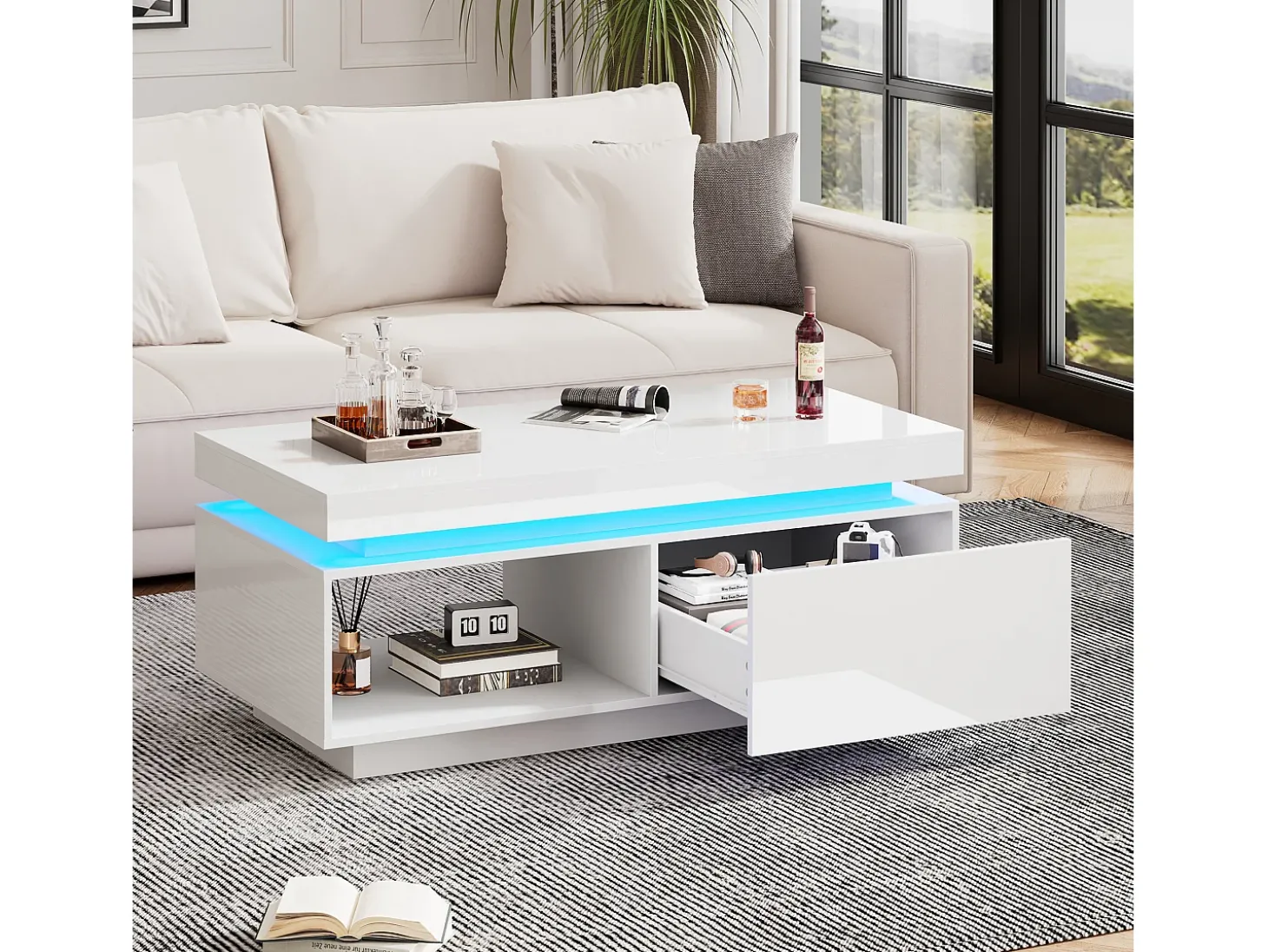 Mesa de centro moderna com 1 porta e 1 compartimento aberto - 100 x 50 x 40,3 cm - LEDs - Aglomerado - Branco brilhante