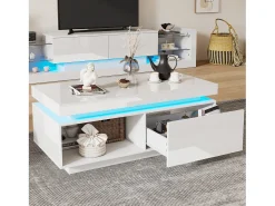 Mesa de centro moderna com 1 porta e 1 compartimento aberto - 100 x 50 x 40,3 cm - LEDs - Aglomerado - Branco brilhante