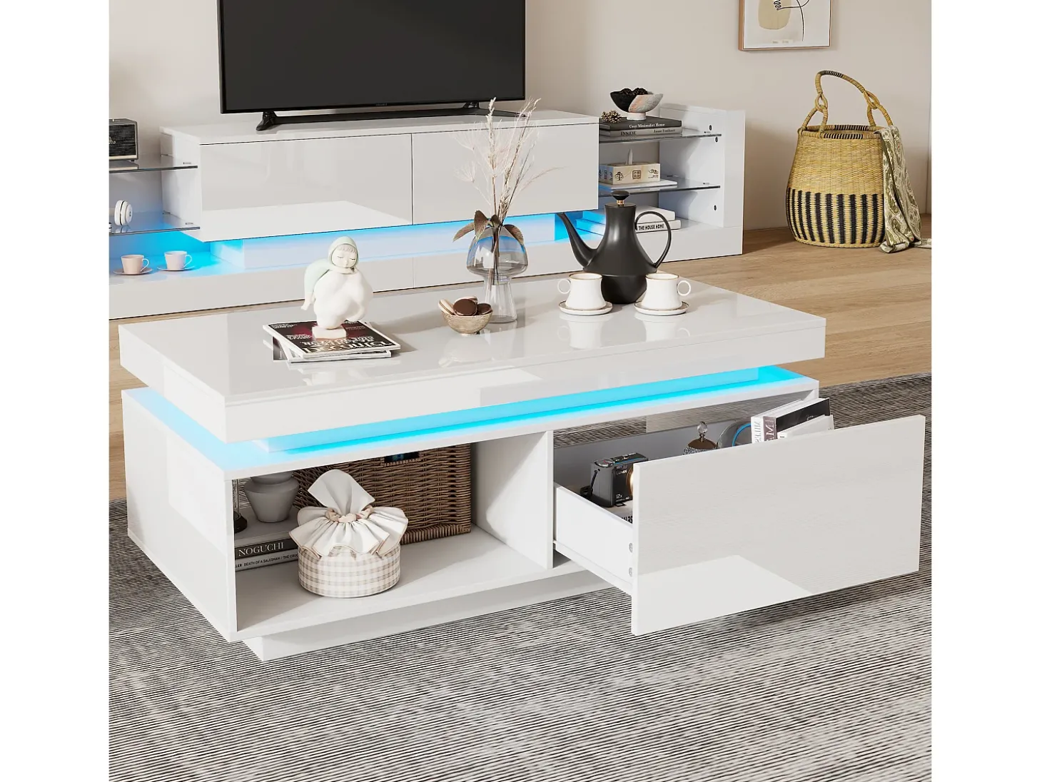 Mesa de centro moderna com 1 porta e 1 compartimento aberto - 100 x 50 x 40,3 cm - LEDs - Aglomerado - Branco brilhante