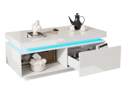 Mesa de centro moderna com 1 porta e 1 compartimento aberto - 100 x 50 x 40,3 cm - LEDs - Aglomerado - Branco brilhante