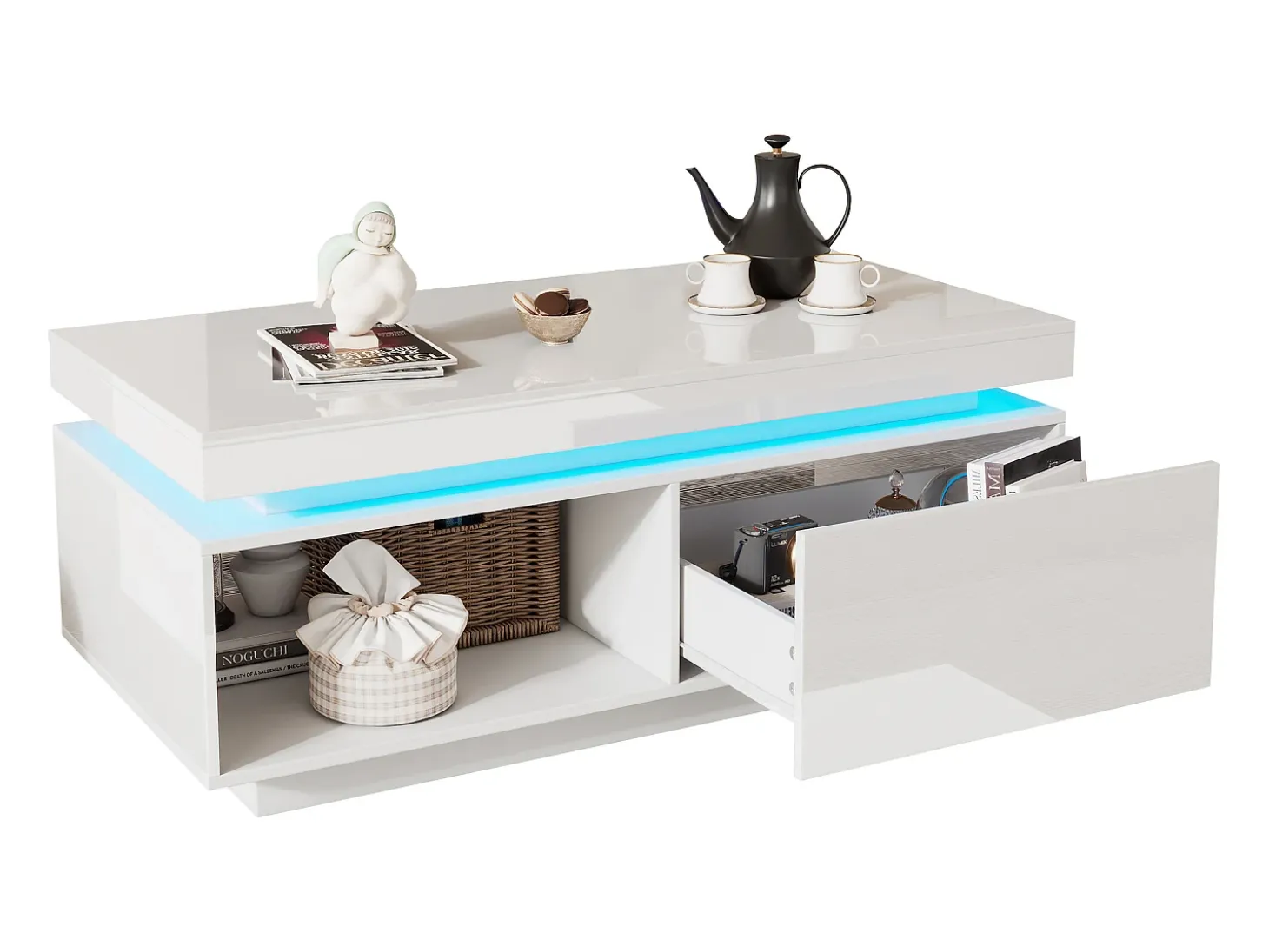 Mesa de centro moderna com 1 porta e 1 compartimento aberto - 100 x 50 x 40,3 cm - LEDs - Aglomerado - Branco brilhante