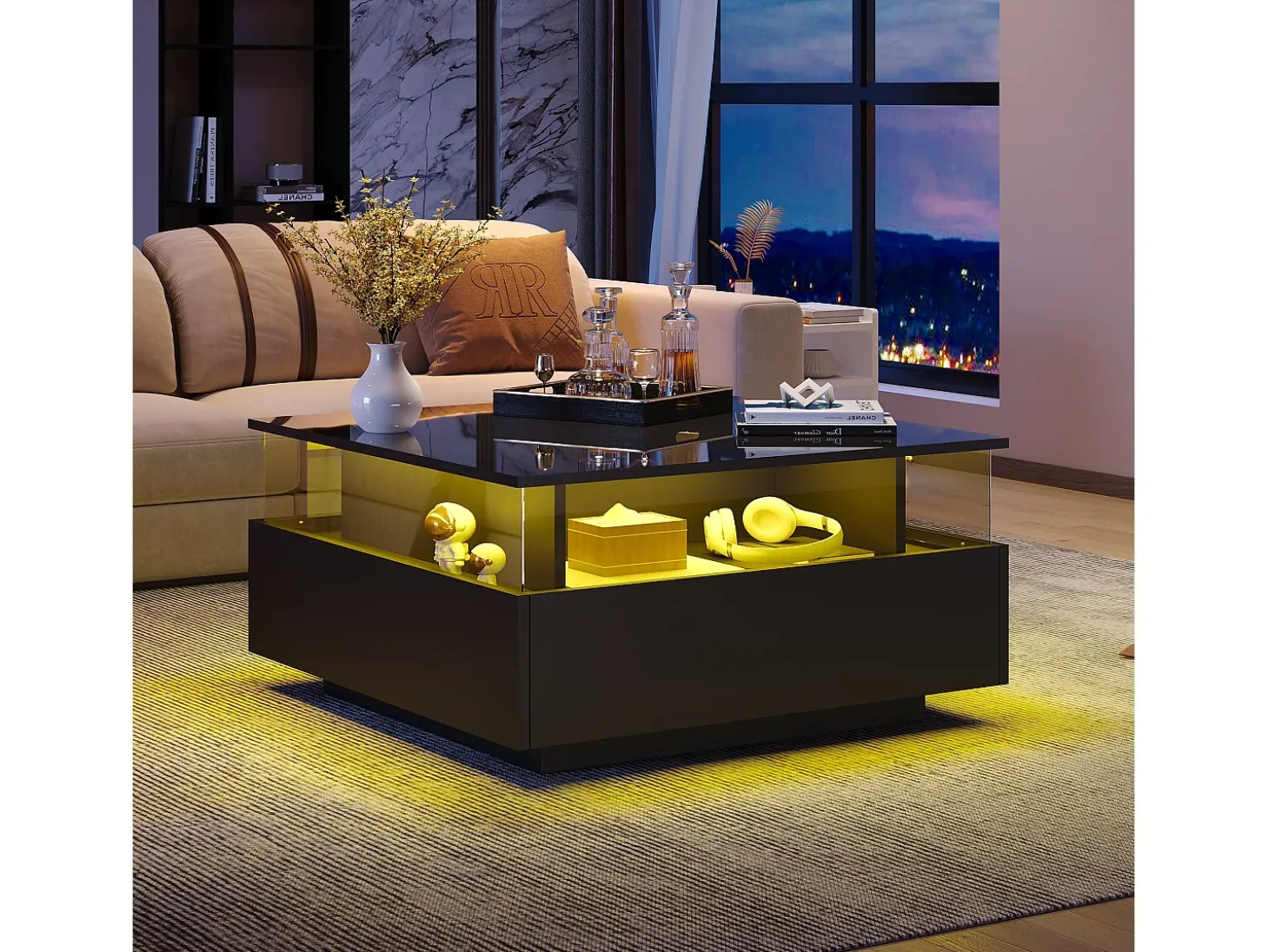Mesa de centro moderna com 2 gavetas e espaço transparente - 70 x 70 x 41 cm - LEDs - Aglomerado - Preto brilhante