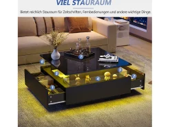 Mesa de centro moderna com 2 gavetas e espaço transparente - 70 x 70 x 41 cm - LEDs - Aglomerado - Preto brilhante