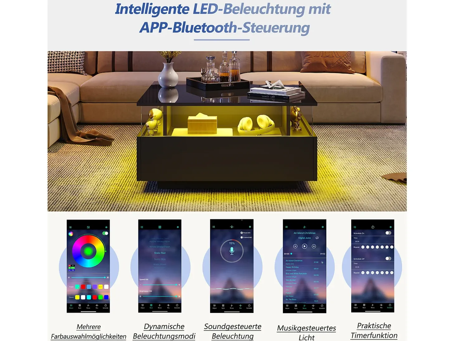 Mesa de centro moderna com 2 gavetas e espaço transparente - 70 x 70 x 41 cm - LEDs - Aglomerado - Preto brilhante
