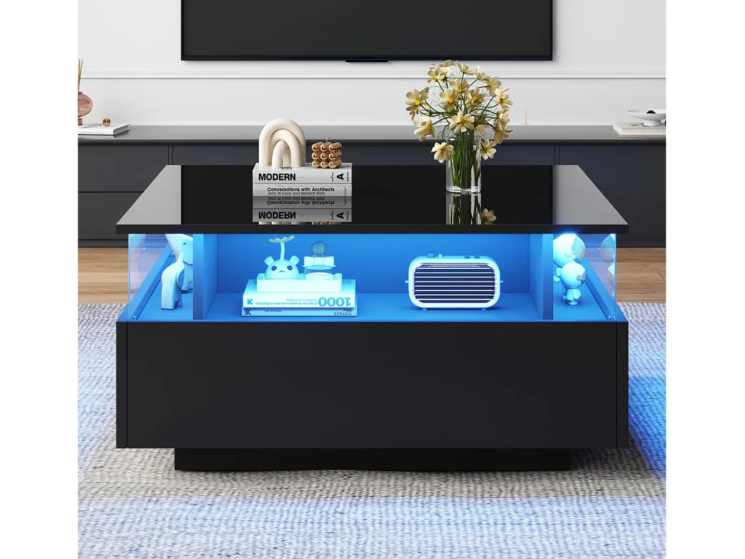 Mesa de centro moderna com 2 gavetas e espaço transparente - 70 x 70 x 41 cm - LEDs - Aglomerado - Preto brilhante