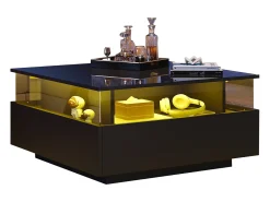 Mesa de centro moderna com 2 gavetas e espaço transparente - 70 x 70 x 41 cm - LEDs - Aglomerado - Preto brilhante