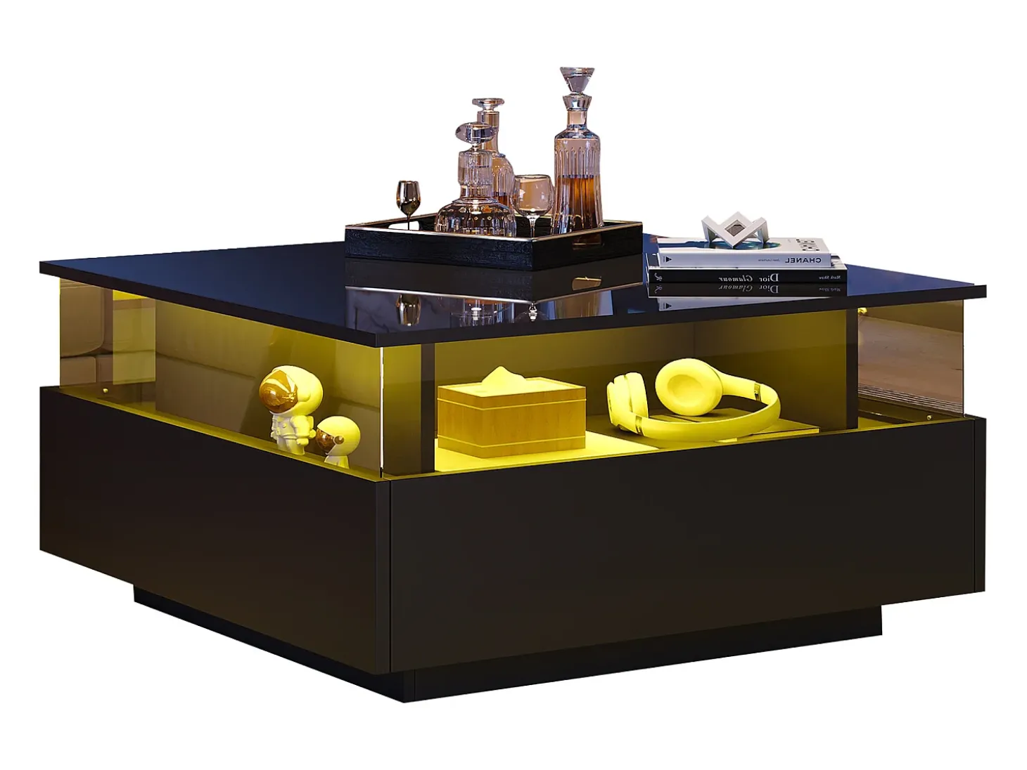 Mesa de centro moderna com 2 gavetas e espaço transparente - 70 x 70 x 41 cm - LEDs - Aglomerado - Preto brilhante