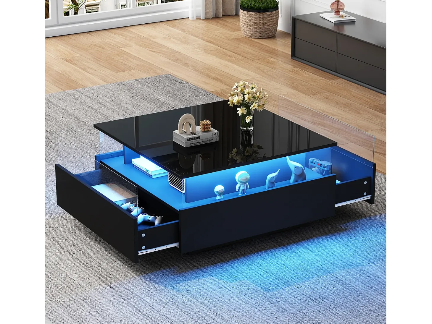 Mesa de centro moderna com 2 gavetas e espaço transparente - 70 x 70 x 41 cm - LEDs - Aglomerado - Preto brilhante